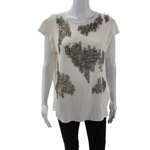 Tre Womens Back Zip Short Sleeve Crew Neck Silk Embellished Top White Size 2